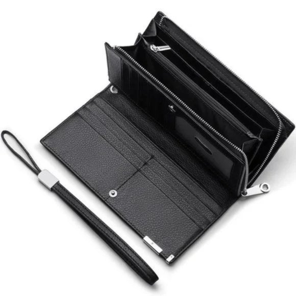 New Long Black Leather Wallet for Men Zippered Leather Wallet RFID - Picture 9 of 12